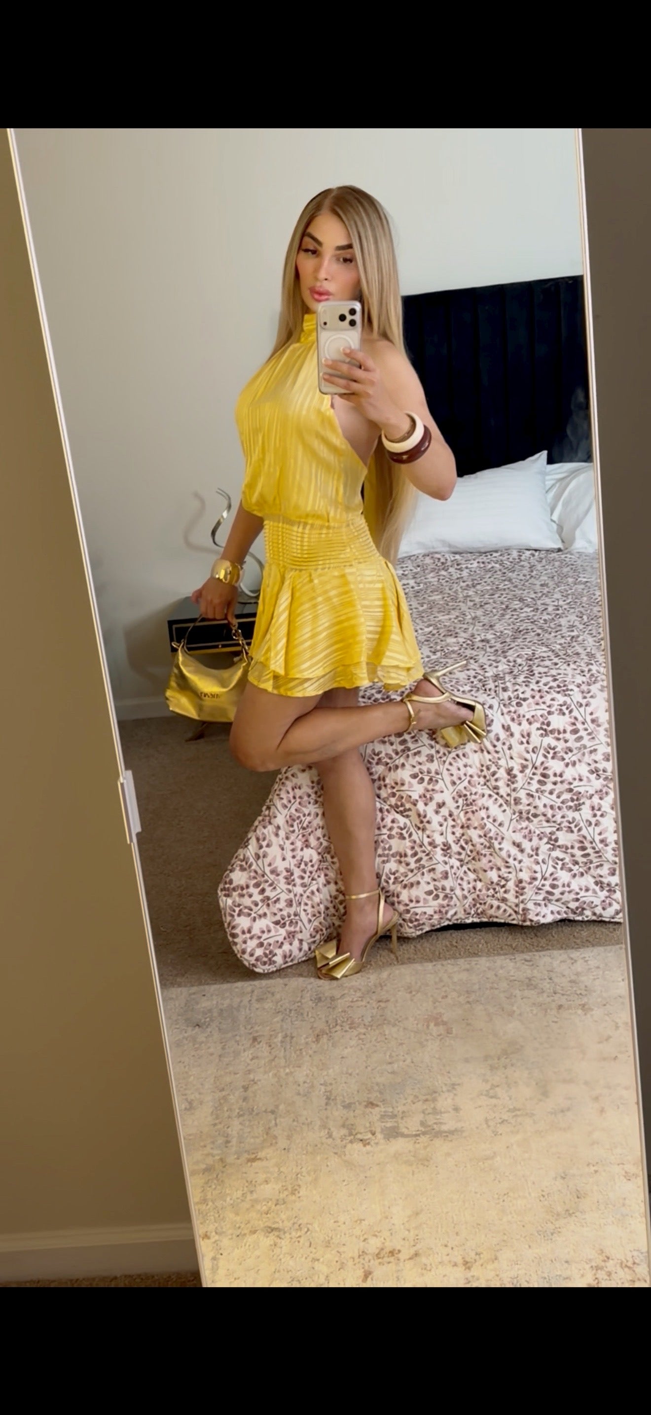 Valen Golden Glow Pleated Mini Dress