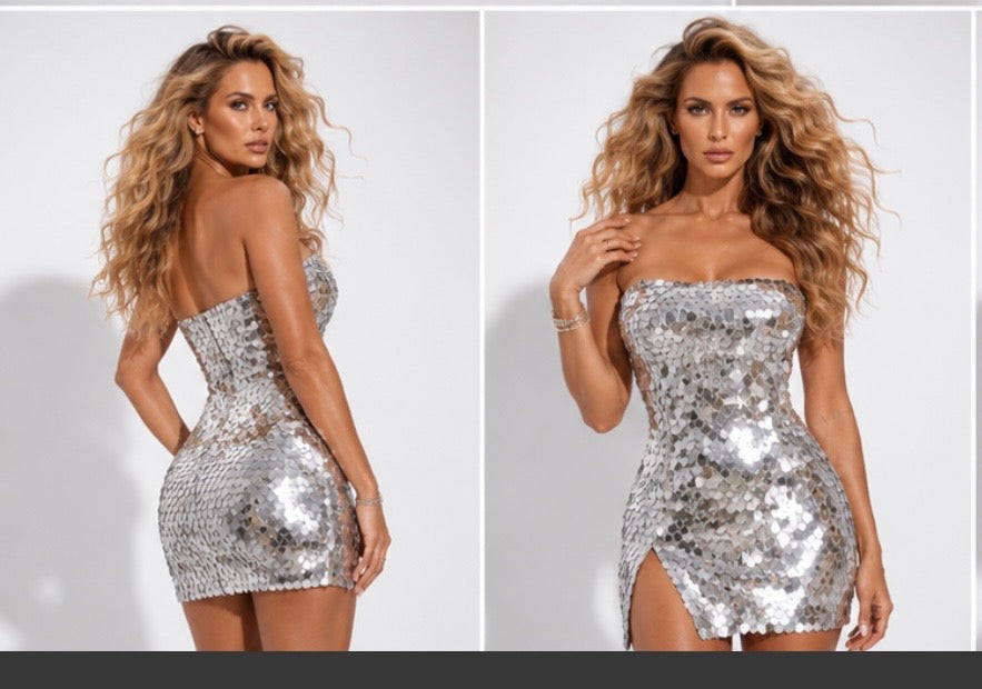 A woman modeling a strapless silver sequin mini dress shown in two side-by-side studio views against a light gray background.